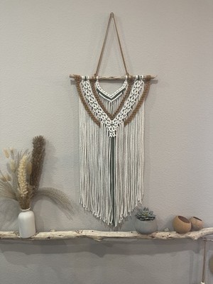 Boho Macrame Wall Hanging | Handmade Neutral Fiber Art | Green Beige Wall Decor 