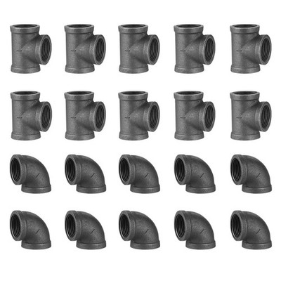 Home TZH 1'' Thereaded Tee & Elbow, 20 Pack Industrial Cast 1 Inch, Gray 