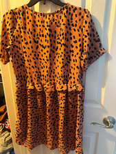Pink/Black Leopard Animal Print Mini Dress S Round Neck Short Sleeve Ruffle