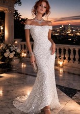 Adrianna Papell Ivory Gown Beaded Off Shoulder Wedding Luxe Gala Train Sz 12