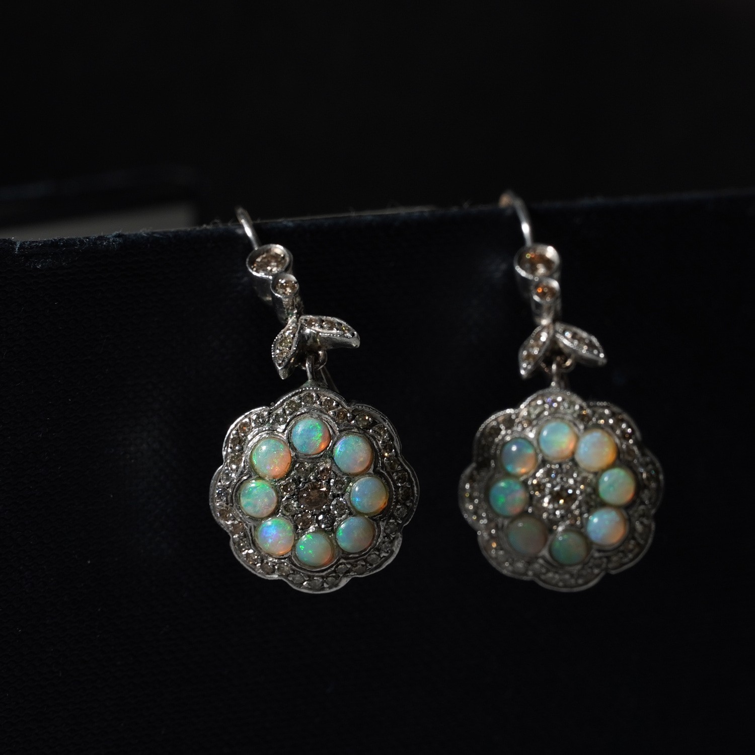 Vintage Solid Opal Diamond Flower Drop Earrings 9… - image 5