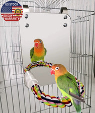 Bird Mirror with Perch Cage Swing Toy Macaws Finches Small Parakeet Rope Stand f
