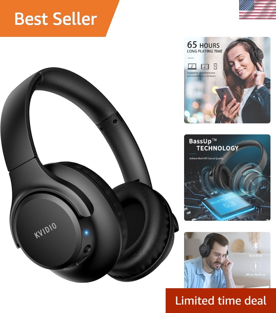 Foldable Over-Ear Bluetooth Headphones with Deep Bass & 65H Battery Life - Black