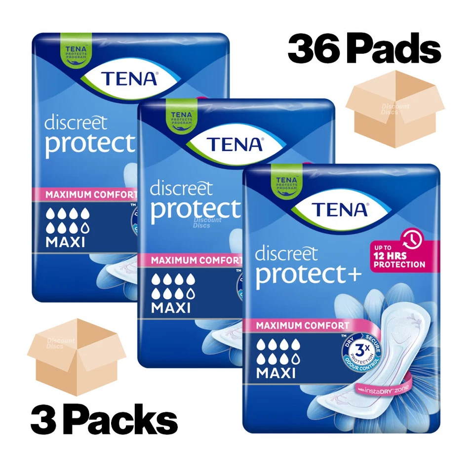 TENA Lady Discreet Protect + Maxi InstaDry Incontinence Pads - 3 Packs of 12