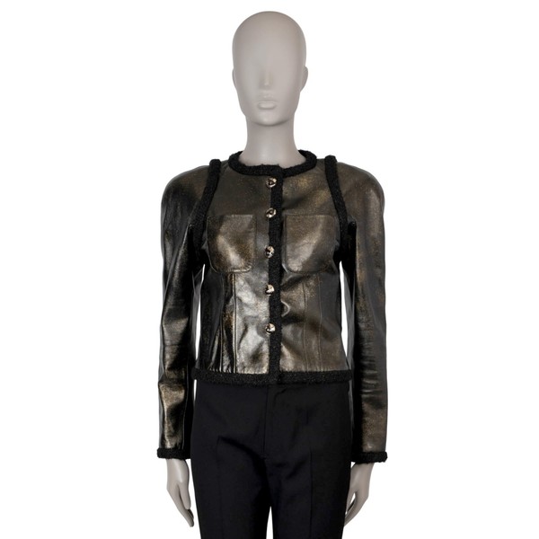71078 authentische CHANEL schwarz & gold 17K TWEEDBESATZ METALLIC LEDER Jacke 36 XS