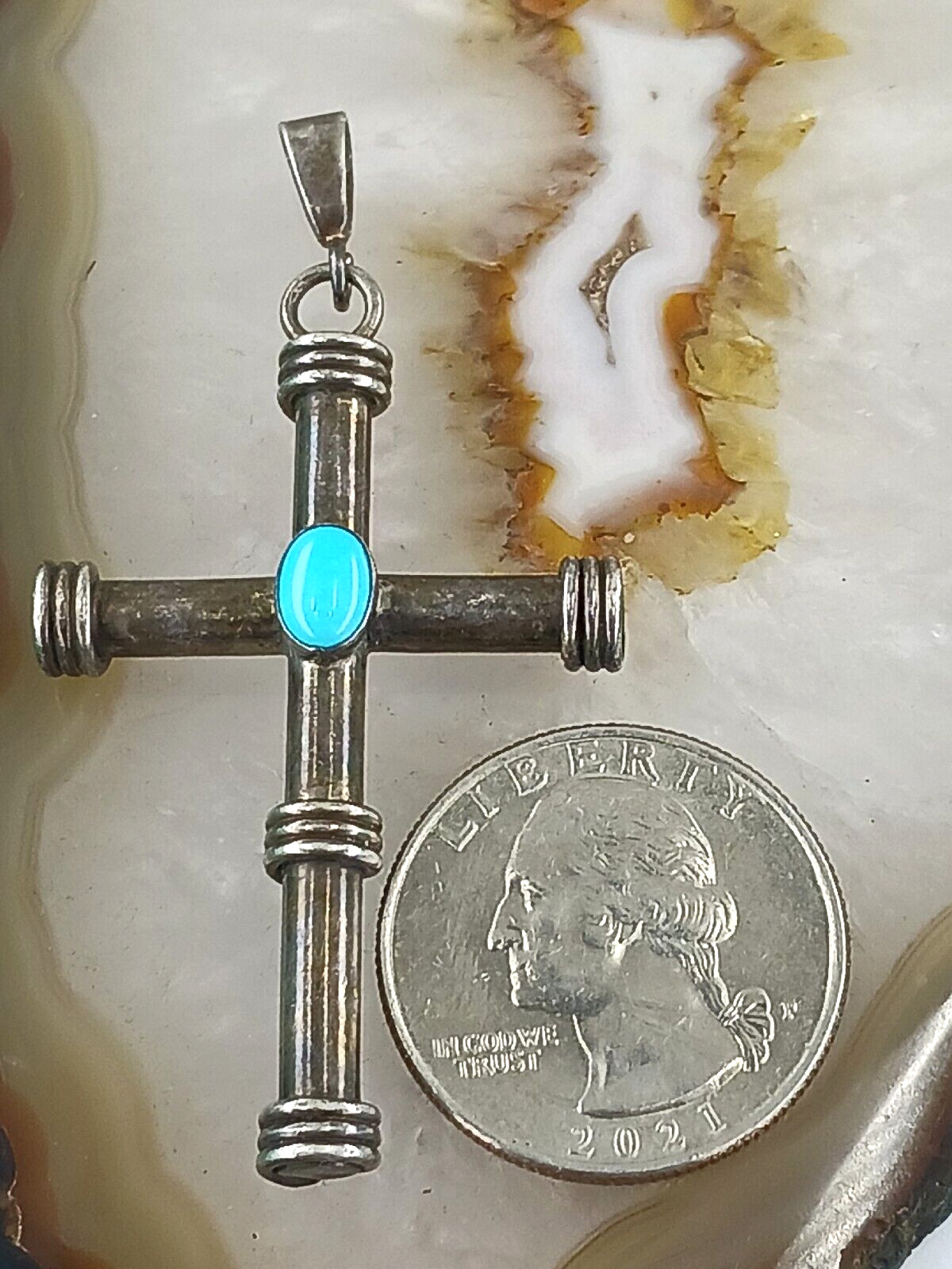 Signed RM Solid Sterling Silver Turquoise CROSS P… - image 11