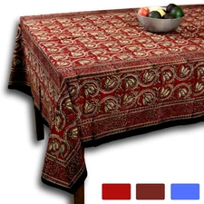 Cotton Block Print Floral Tablecloth Rectangle Dabu Blue Brown Red Dining Linen
