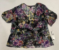 Lauren Ralph Lauren Women Top 1X Black Floral Sheer Faux Wrap Blouse Silk