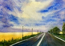 Original painting Watercolour  wheat field road Sunset landscape Summer A4