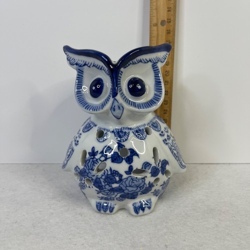 Owl Chinoiserie Votive Candle Holder Blue White Floral Reticulated - Picture 14 of 14