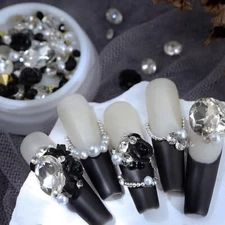 1 Box Valentine's Day Nail Charms Pearls 3D Nail Charms Black Flower Style 18