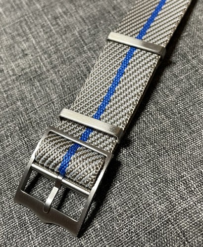 Premium Single Pass Nylon Strap / Grey Blue Stripe / Crown Buckle 20/22mm - Picture 7 of 7