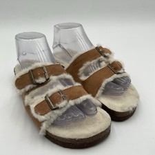 Steve Madden Women  s Size 5 Tan 2-Strap Slip-On Sandals Fur Detail Comfort Flat