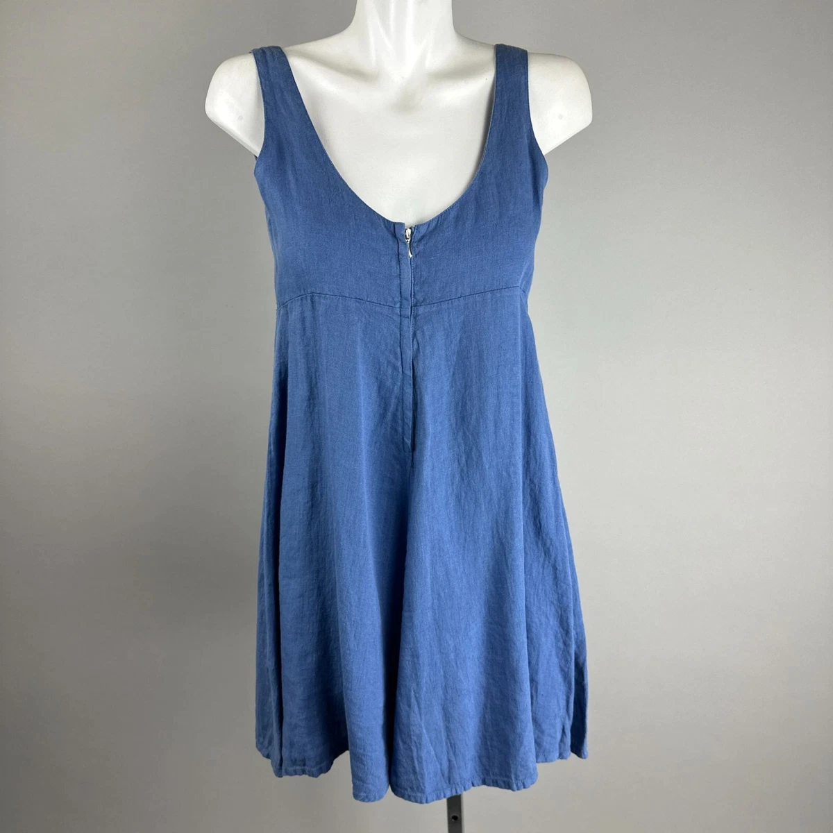 120% Lino Blue Sleeveless Babydoll Dress 100% Linen Womens Size 42  