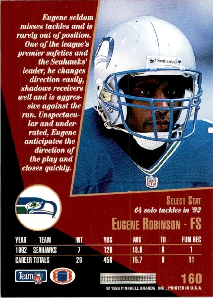 1993 SCORE SELECT EUGENE ROBINSON SEATTLE SEAHAWKS #160 - Image 2 of 2