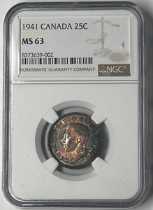1941 Canada Twenty Five Cents 25C NGC MS63 - *Spectacular Rainbow Patina* Wow