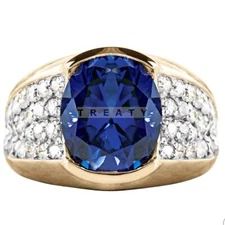 Blue Sapphire Cushion With 925 Sterling Silver Gold Plated Ring For Men #B783