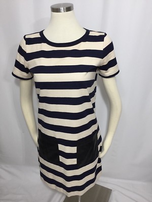 J. CREW Navy Blue Ivory Striped Faux Leather Pocket Shift Dress XS  Excellent | eBay