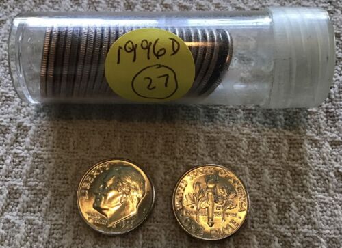 1996-D Roosevelt Dime Partial Roll 27 Coins In A Tube Uncirculated