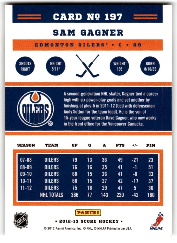 Sam Gagner 2012-13 Score Gold Rush #197 Edmonton Oilers - Image 2 of 2