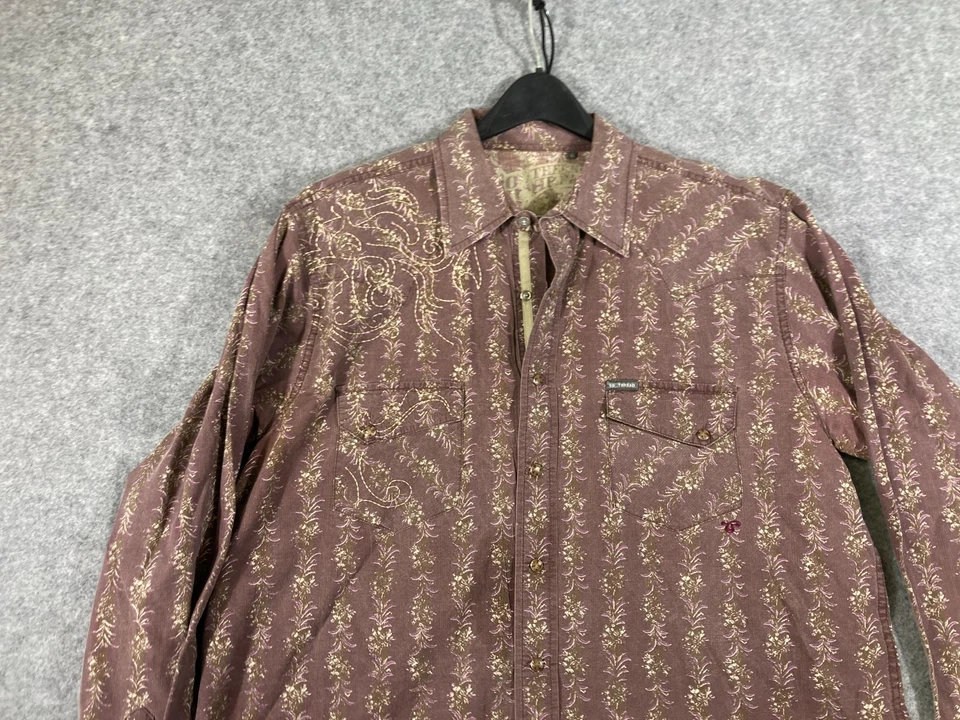 Southern Thread Western Shirt Mens XL Mahogany Brown Floral Pearl Snap Pockets - Image 2 of 4