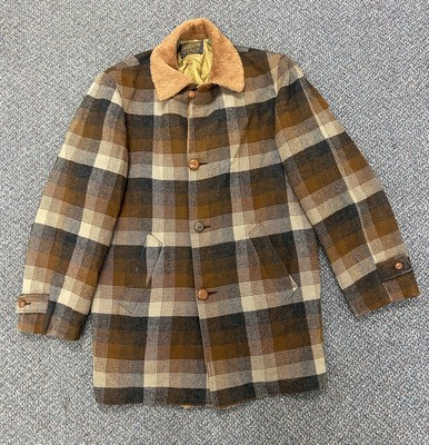 VTG Pendleton Wool Coat Mens L Brown Plaid Faux Fur Retro Jacket