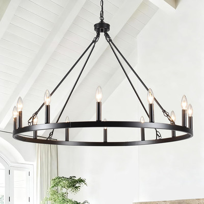 Rustic 12-Light Black Wagon Wheel Chandelier for High Ceilings & Entryways