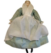 Vintage China Head Porcelain Doll 18" Fabric Body Green Striped Dress Apron