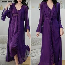 Luxury Lace Splicing Nightgown Long Purple Robe Suit Women Kimono Sleepwear Nigh
