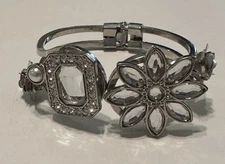 Silver Tone Clamper Bracelet Rhinestone Pearl Flower Glam Statement Cuff