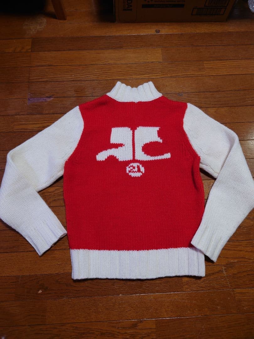 Courreges 21 Cowichan Knit Sweater Stadium Jacket Red White Logo 38 M Sz Vintage