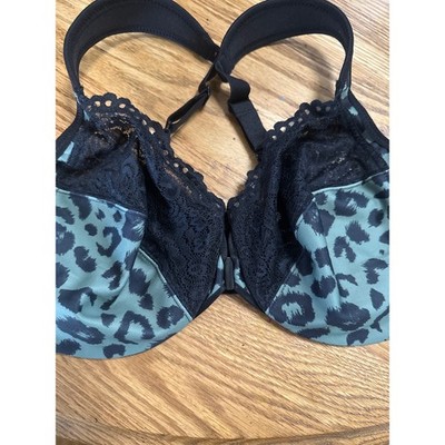 Glamorise Front Close Underwire Bra 40D Green Leopard Print Black Lace 1245