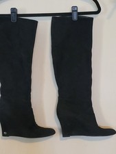 Y2K Gucci GG Logo Black Suede Wedge Knee Boots Sz 7