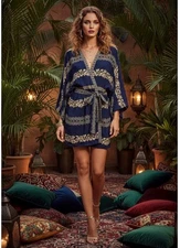 Hale Bob Soleil Kimono Small Navy Gold Embroidered Boho Glam Resort Art Vacation