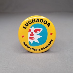 Luchador Super Fuerte Cannabis Round Pinback Button Badge Yellow Mask Promo Pin