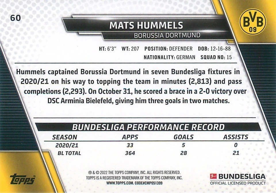 2021-22 Topps Bundesliga - Mats Hummels #60 - Image 2 of 2