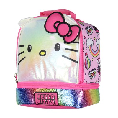 Sanrio Hello Kitty Kids Lunch Box 3-D Ears and Rainbow Sequins Insulated Bag 9''