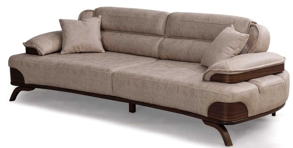 3 Sitzer Sofa Leder Beige Kissen Modern Elegant Holzelemente GemüTlich-image