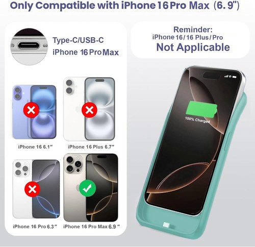 Akku Hülle für iPhone 16 Pro Max 6,9 Zoll Leistungsstark 8600mah Tragbares Ladegerät - Bild 4 von 7