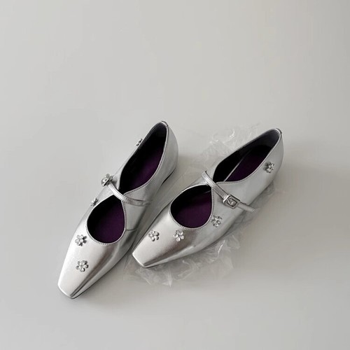French Rhinestone Women Square Toe Leather Low Hidden Wedge Heel Mary Jane Shoes