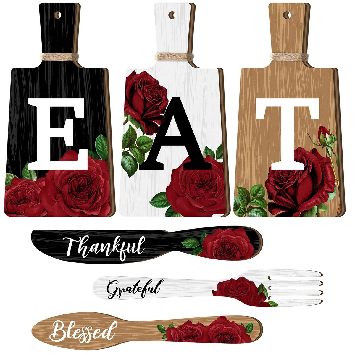 6 Pieces Cutting Board Kitchen Decor Red Rose Eat Sign Set Wooden
