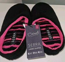 Serra Womens Black/Pink Fuzzy Slip on Slippers House Shoes Sz 5/6 New w Tags