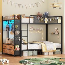 Metal Bunk Bed Twin Over Twin with Hall Tree, LED Bunk Bed with 4 Storage Drawer