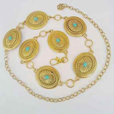 Gold Concho Chain Belt with Turquoise Accents Western Concho Chain Belt: Gold Cowgirl Style With Turquoise  main image 2
