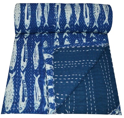 Blue Fish Block Printed Cotton Kantha Quilt Bedspread Blanket Queen Size Gifts
