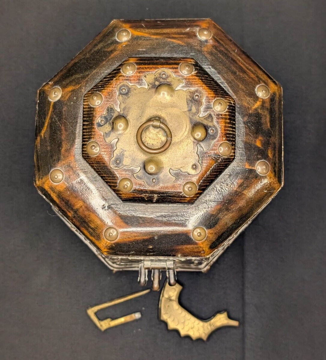 Antique Chinese Hexagonal Wooden Box – Brass-Fitted Accents, Lock