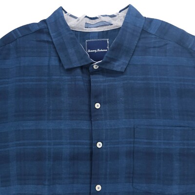 TOMMY BAHAMA Dark Blue Plaid Linen Men's Button Up Long Sleeve Shirt Size: 1XB