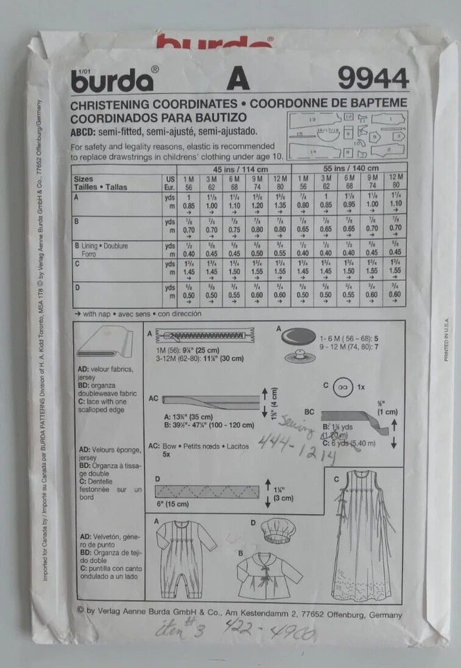 BURDA #9944 INFANTS SIZE 1M-3M-6M-9M-12M SLEEPER GOWN COAT HAT PATTERN COMPLETE - Image 2 of 4