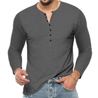 Mens Grandad Long Sleeve V-Neck Shirt Top Casual Button Collarless T Shirt Tee