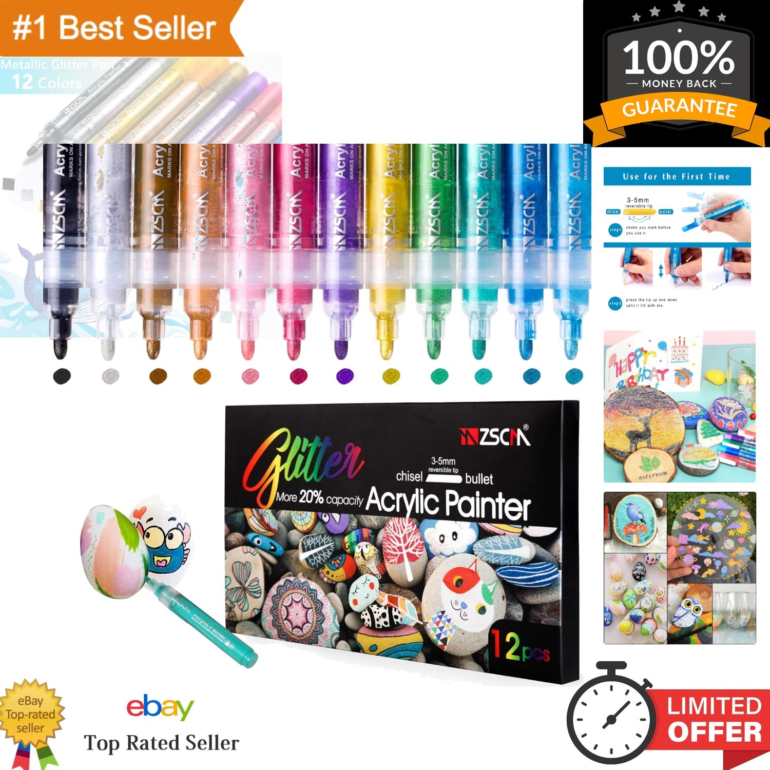 Acrylic Glitter Paint Marker Pens - 12 Colors, Waterproof, Works on Any Surface